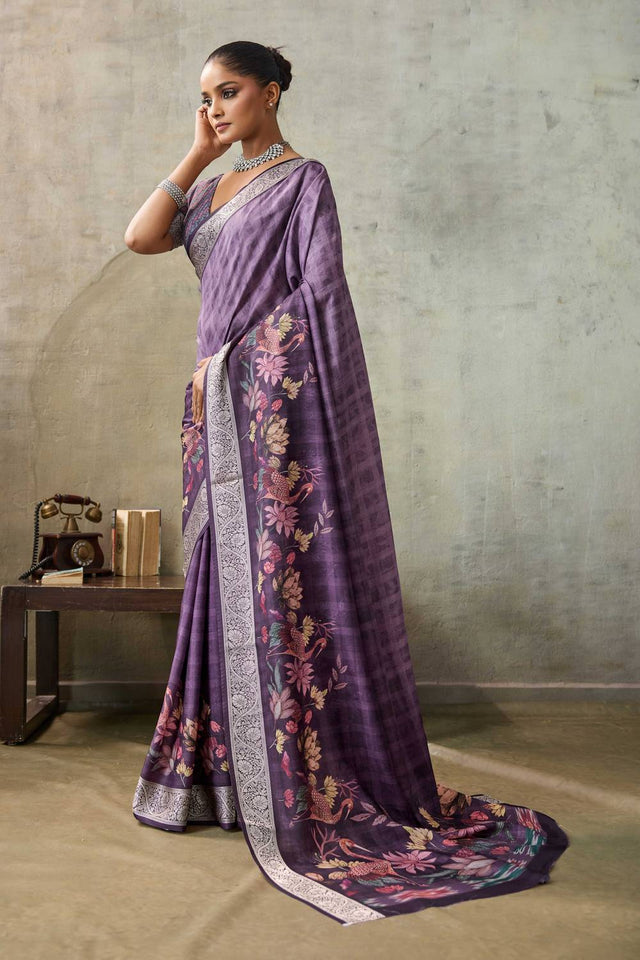 Violet Floral Printed Viscose Saree
