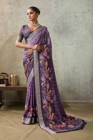 Violet Floral Printed Viscose Saree