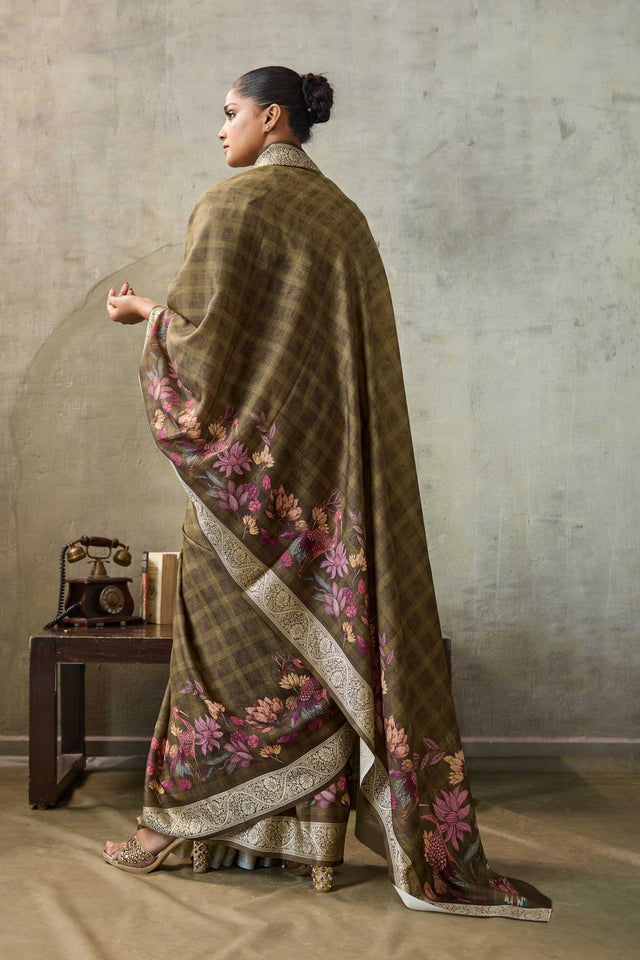Brown Floral Printed Viscose Saree