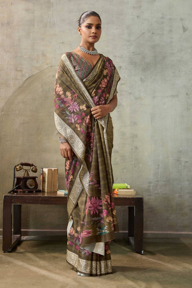 Brown Floral Printed Viscose Saree