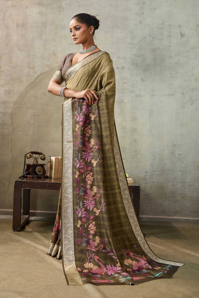 Brown Floral Printed Viscose Saree