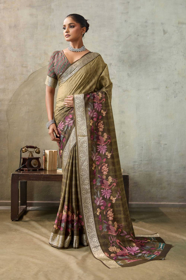 Brown Floral Printed Viscose Saree