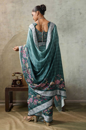 Sea Green Floral Printed Viscose Saree