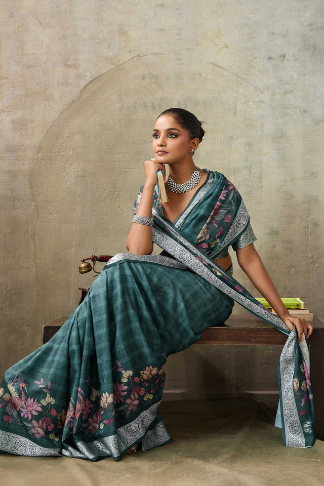 Sea Green Floral Printed Viscose Saree