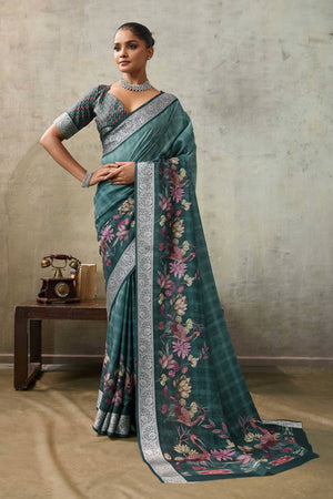 Sea Green Floral Printed Viscose Saree