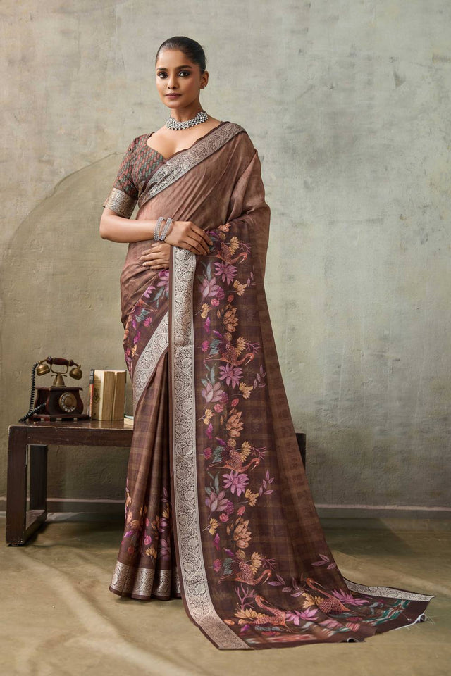 Maroon Floral Printed Viscose Saree