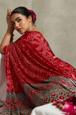Red Bandhani Printed Satin Saree