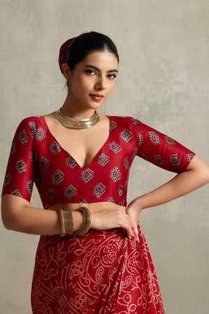 Red Bandhani Printed Satin Saree