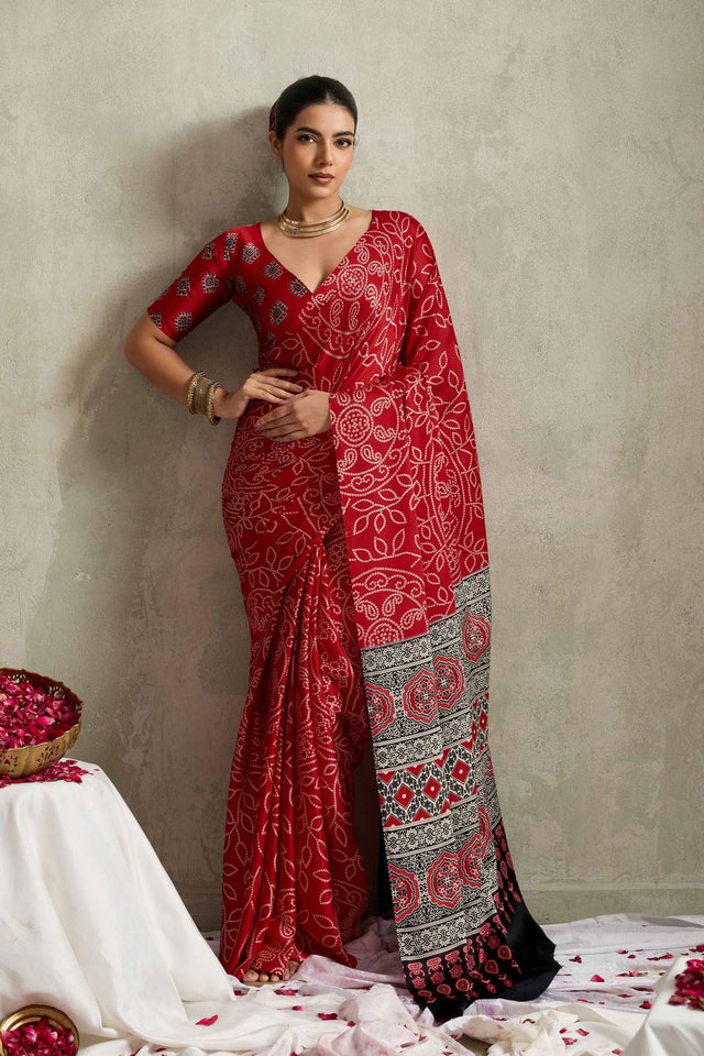 Red Bandhani Printed Satin Saree