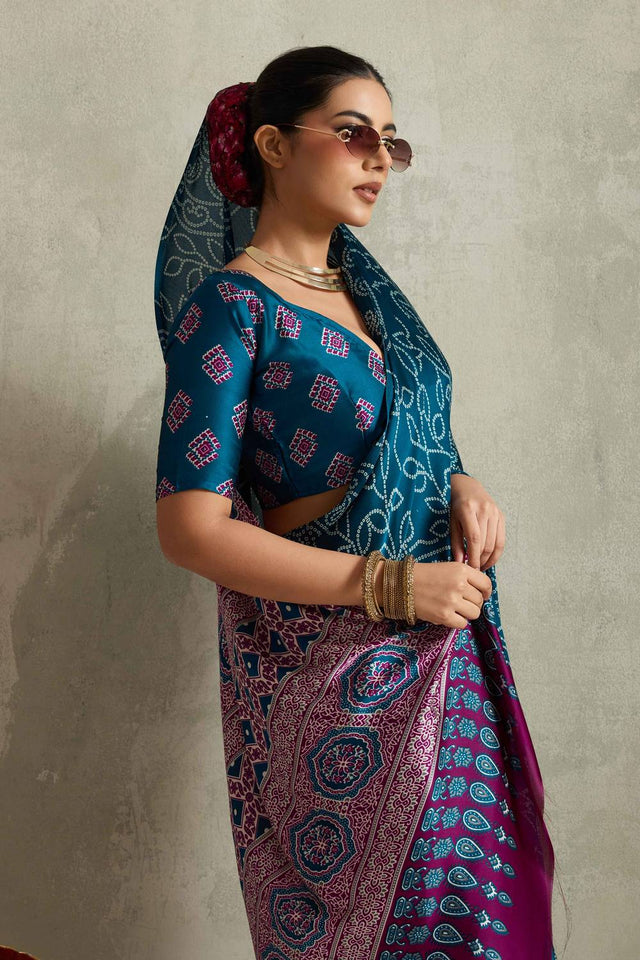 Turquoise Bandhani Printed Satin Saree