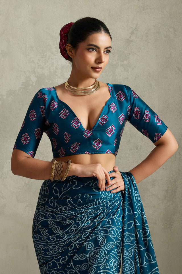 Turquoise Bandhani Printed Satin Saree