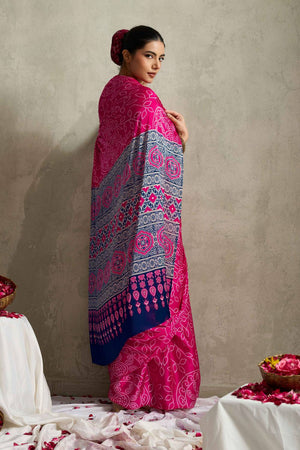 Pink Bandhani Printed Satin Saree