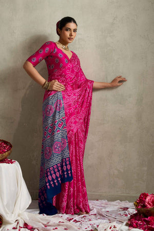 Pink Bandhani Printed Satin Saree