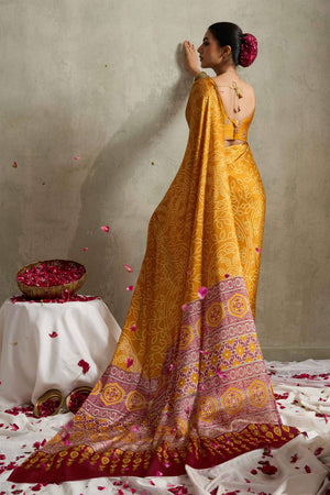 Mustard Bandhani Printed Satin Saree