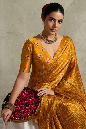 Mustard Bandhani Printed Satin Saree