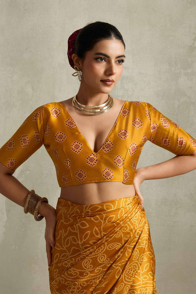 Mustard Bandhani Printed Satin Saree