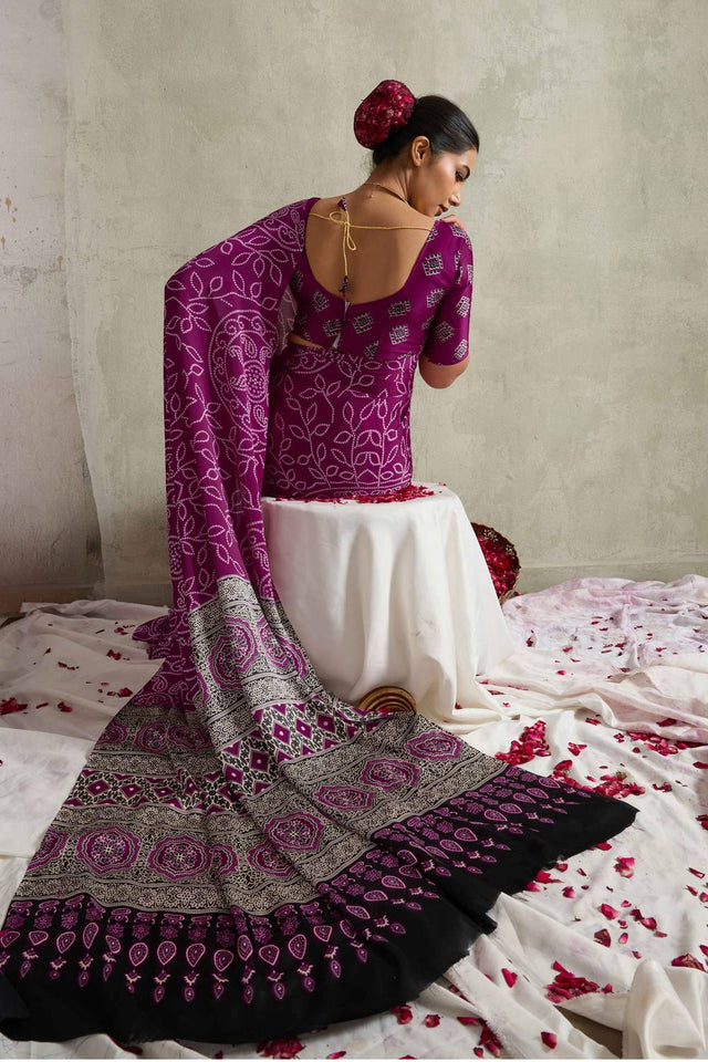 Violet Bandhani Printed Satin Saree