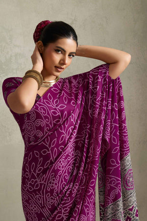 Violet Bandhani Printed Satin Saree