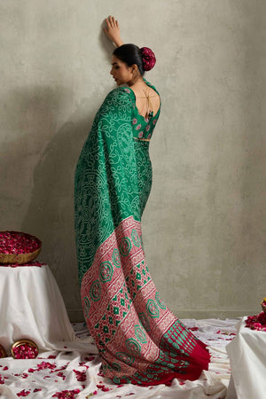 Green Bandhani Printed Satin Saree