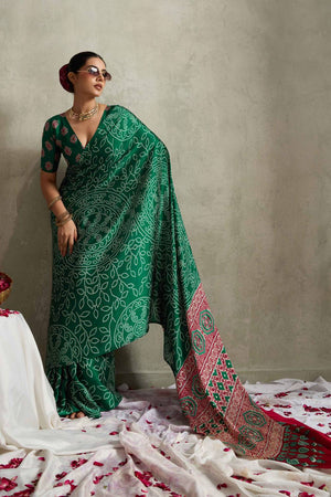 Green Bandhani Printed Satin Saree