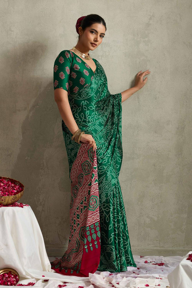 Green Bandhani Printed Satin Saree