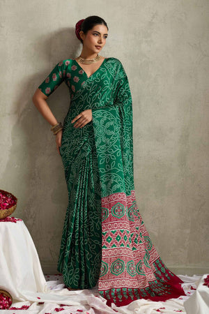 Green Bandhani Printed Satin Saree