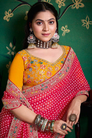 Pink Printed with Embroidered Georgette Saree