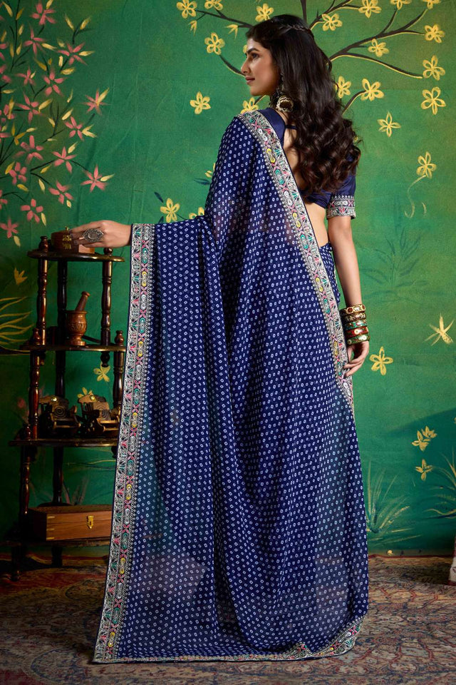 Navy Blue Printed with Embroidered Georgette Saree