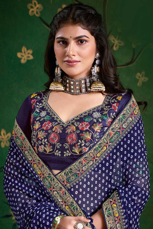 Navy Blue Printed with Embroidered Georgette Saree