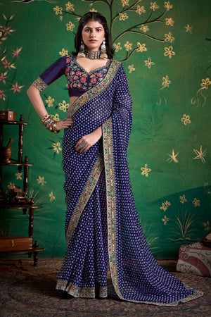 Navy Blue Printed with Embroidered Georgette Saree