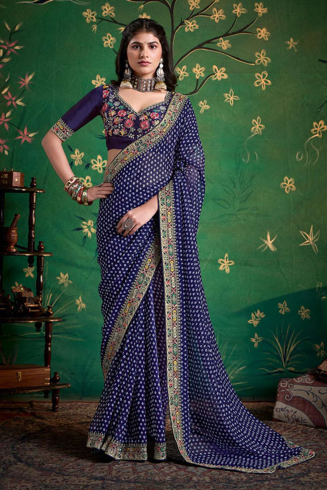 Navy Blue Printed with Embroidered Georgette Saree