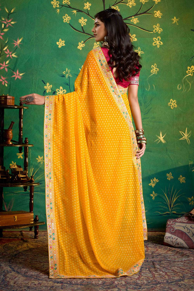 Yellow Printed with Embroidered Georgette Saree