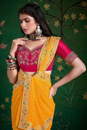 Yellow Printed with Embroidered Georgette Saree