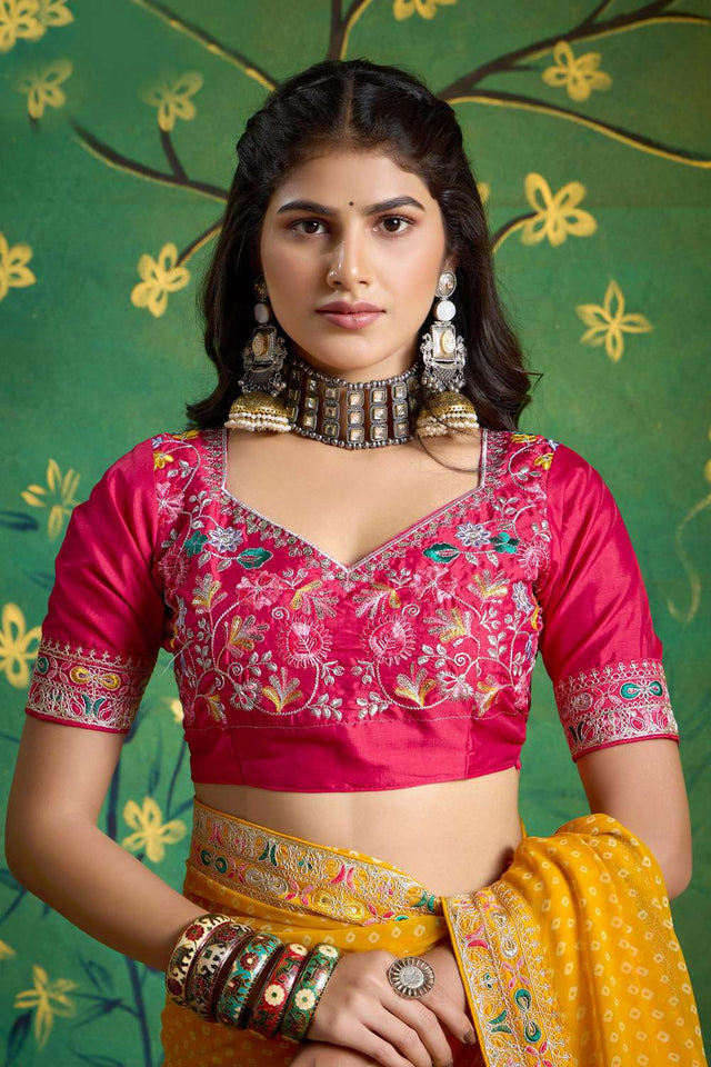 Yellow Printed with Embroidered Georgette Saree