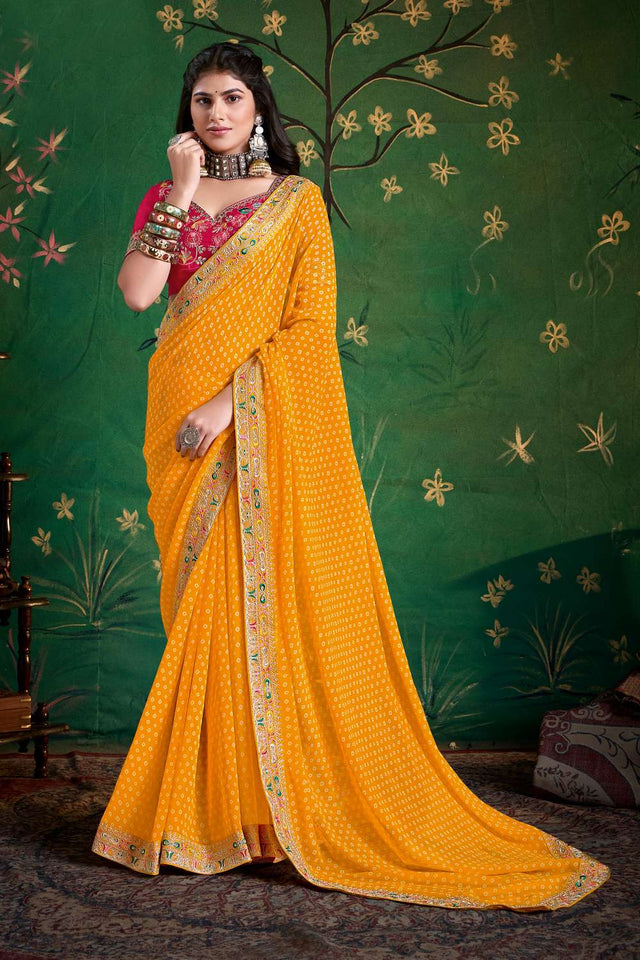 Yellow Printed with Embroidered Georgette Saree