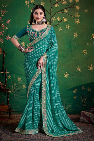 Sea Green Printed with Embroidered Georgette Saree