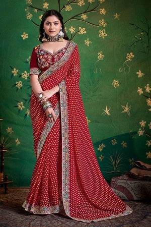 Maroon Printed with Embroidered Georgette Saree