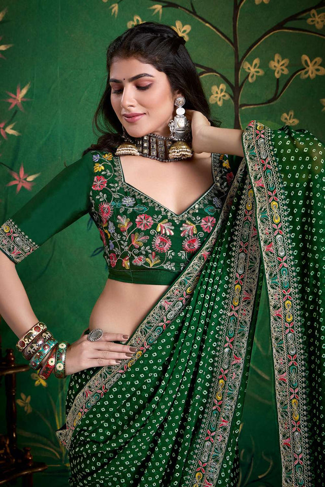 Green Printed with Embroidered Georgette Saree