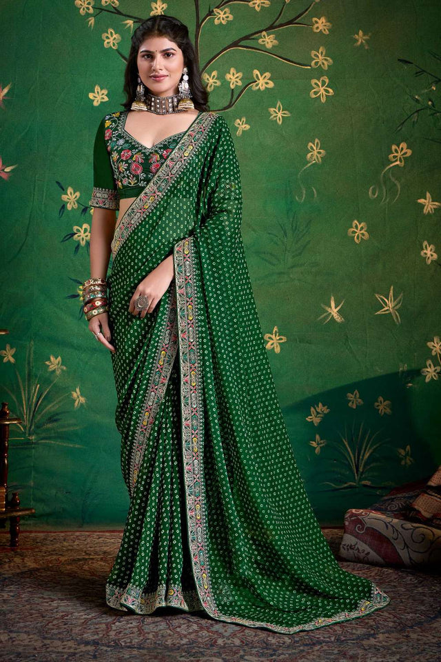 Green Printed with Embroidered Georgette Saree