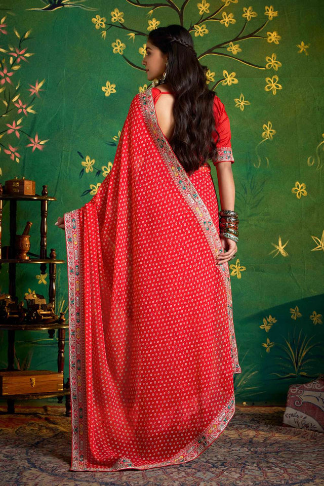 Red Printed with Embroidered Georgette Saree
