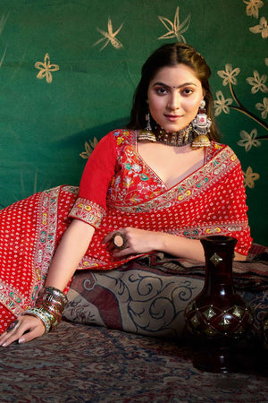 Red Printed with Embroidered Georgette Saree