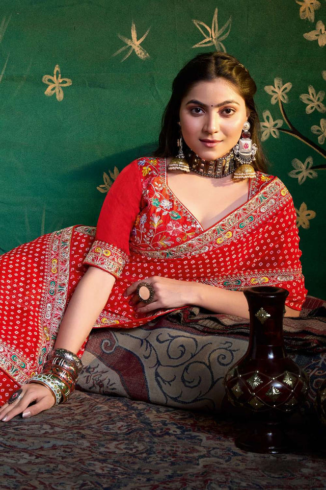 Red Printed with Embroidered Georgette Saree