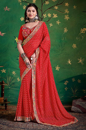 Red Printed with Embroidered Georgette Saree
