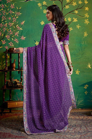 Violet Printed with Embroidered Georgette Saree
