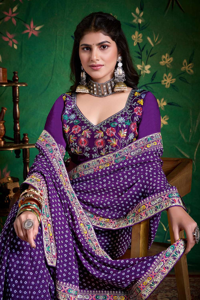 Violet Printed with Embroidered Georgette Saree
