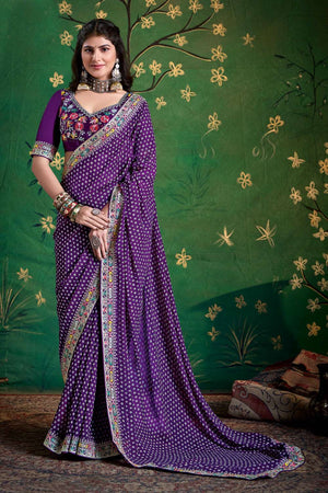 Violet Printed with Embroidered Georgette Saree