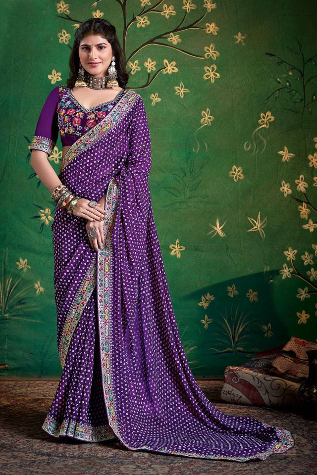 Violet Printed with Embroidered Georgette Saree