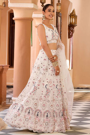 Cream Sequin with Embroidered Net Lehenga