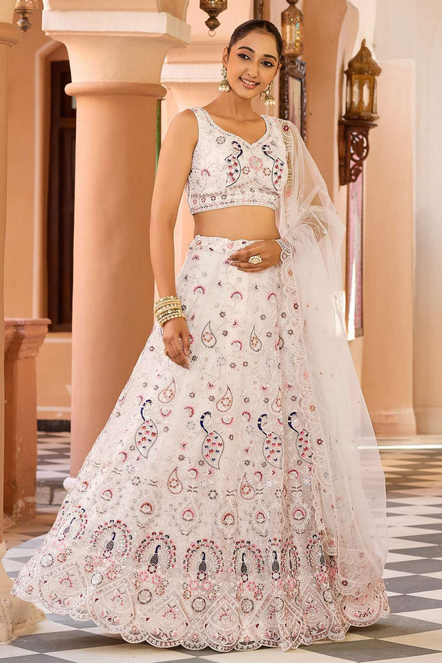 Cream Sequin with Embroidered Net Lehenga