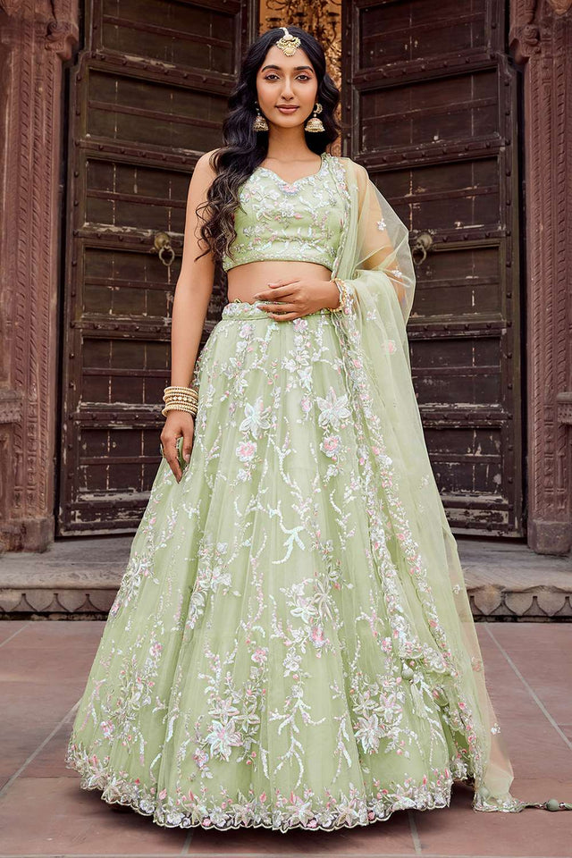 Green Sequin with Embroidered Net Lehenga